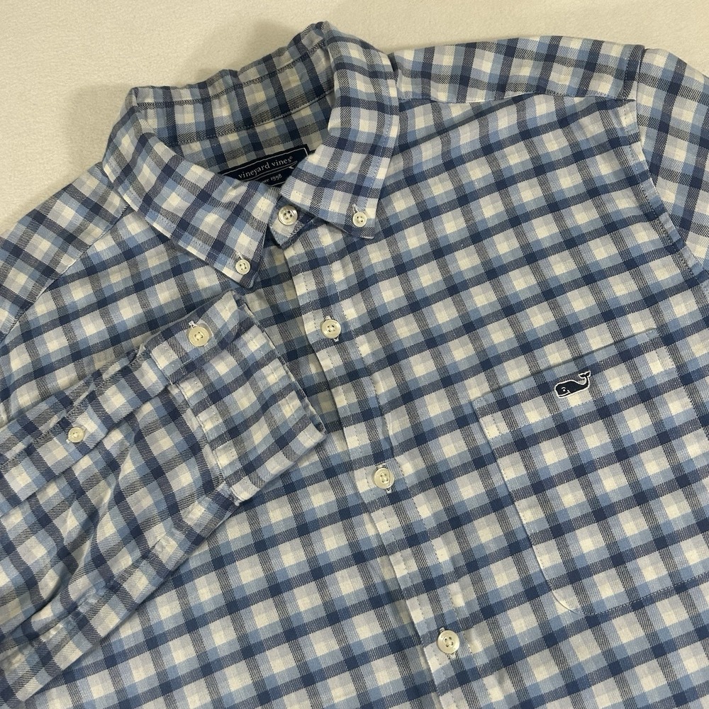 Vineyard Vines Men's Large Blue Plaid Linen Classic Fit Performance Whale Shirt